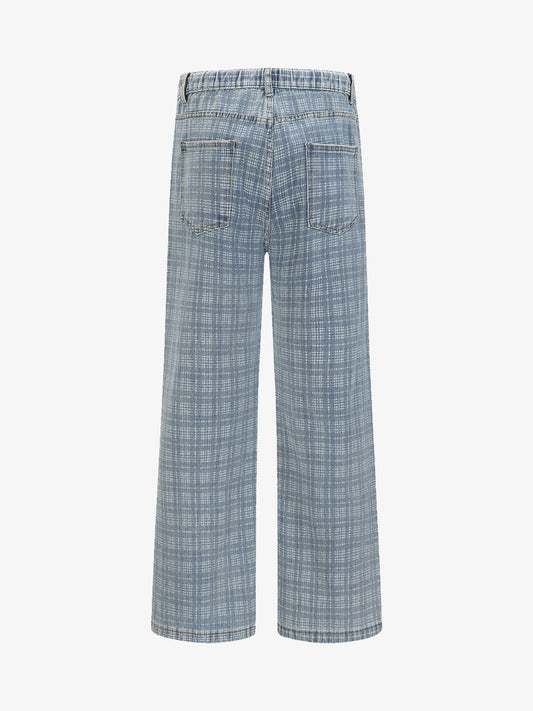 Vintage Washed Distressed Plaid Straight Jeans 