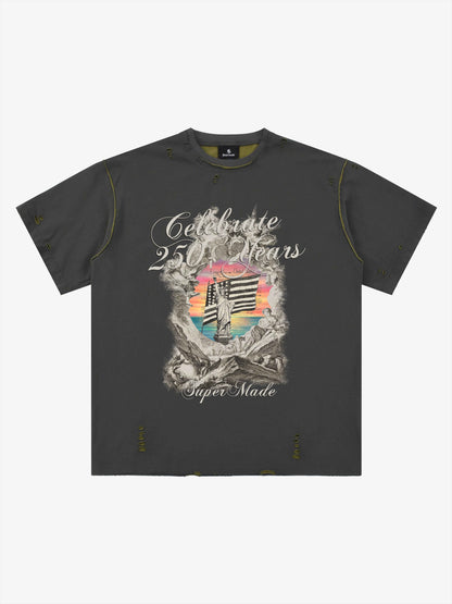 Statue of Liberty Graphic Distressed Reversible T-Shirt 