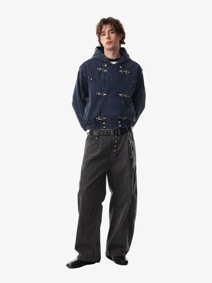 Washed Cotton Hooded Duffle Jacket with Metal Snap Buttons and Ribbed Hem 