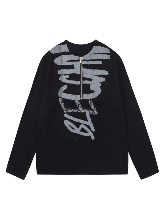Half Zip Crew Neck Printed Knitted Sweater 