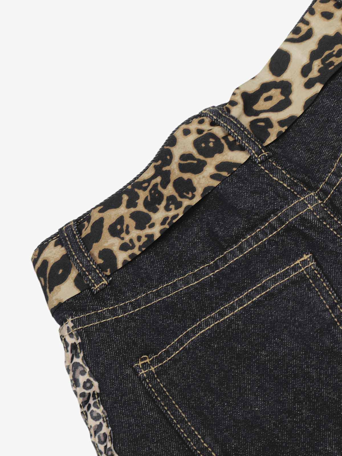 Denim Leopard Print Wide Leg Trousers with Belted Waist and Side Stripes 