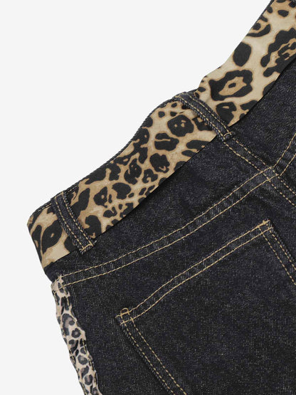 Denim Leopard Print Wide Leg Trousers with Belted Waist and Side Stripes 