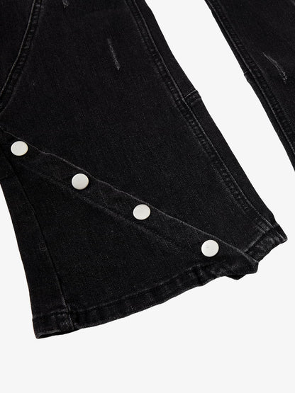 Black Denim Wide-Leg Jeans with Asymmetric Stitching and Button Details 