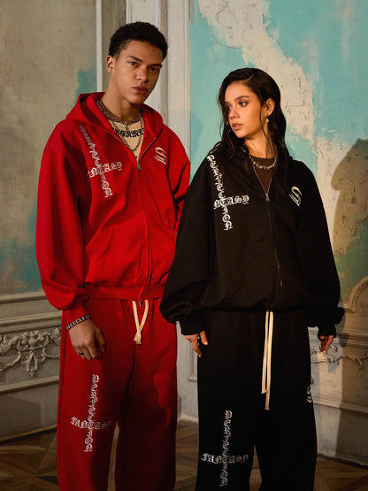 Cotton Blend Oversized Hoodie & Pants Set - Streetwear Style Tracksuit with Logo Embroidery and Zipper Closure 