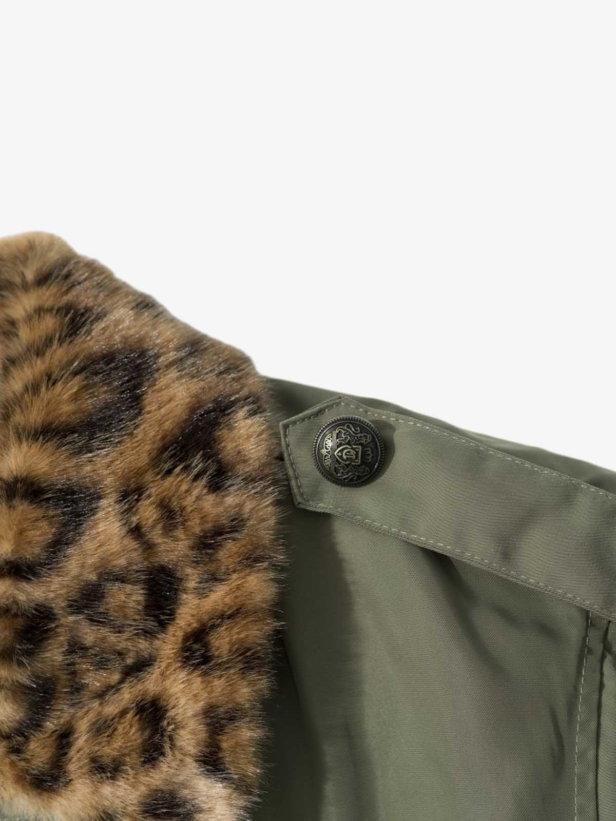 Leopard Faux-Fur Collar Button-Front Padded Coat