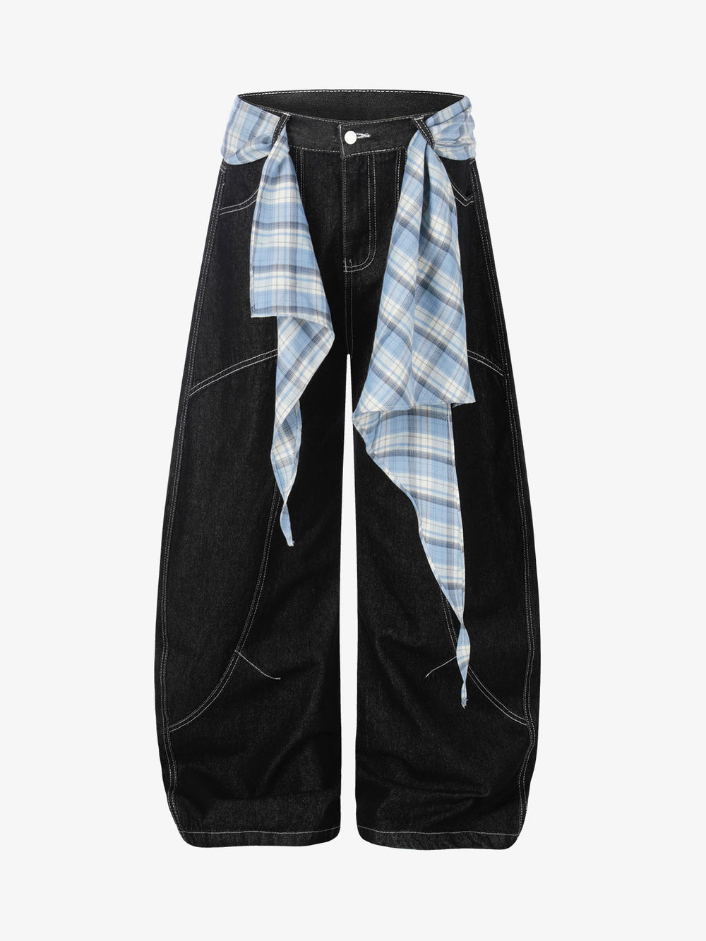 Plaid Belt Raw Denim Barrel Baggy Jeans