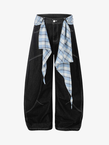 Plaid Belt Raw Denim Barrel Baggy Jeans