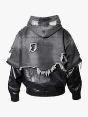 Distressed Patchwork Hooded Bomber Jacket