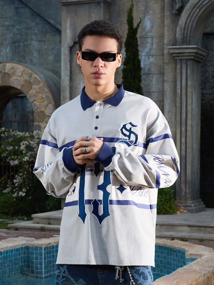 Supermade Color-Blocked Polo Collar Embroidered Print Long-Sleeved Jersey 