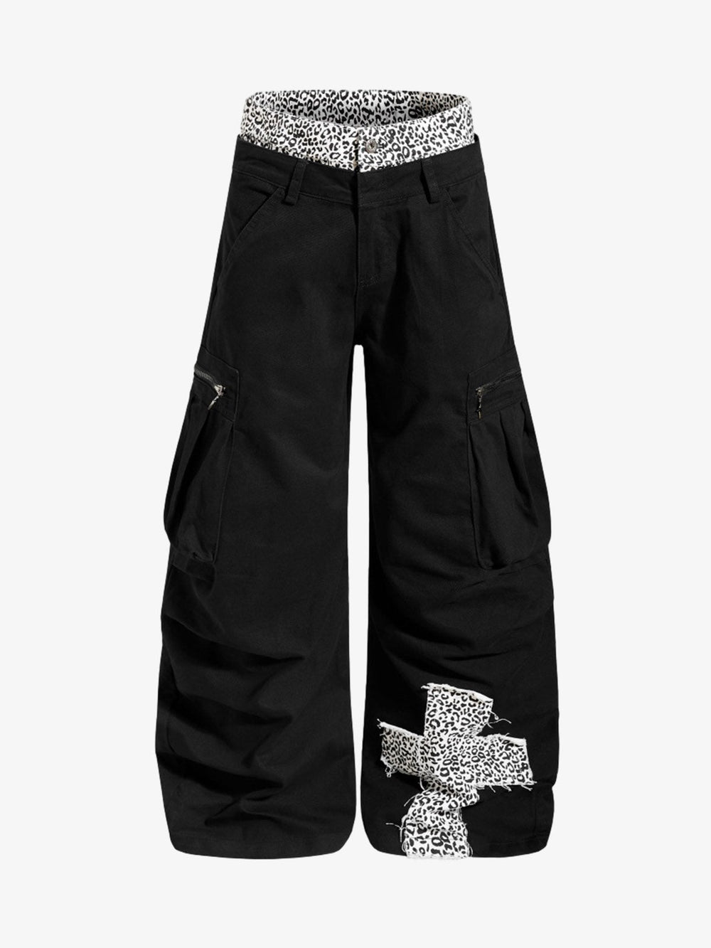Leopard Waistband Cross Patch Cargo Pants 