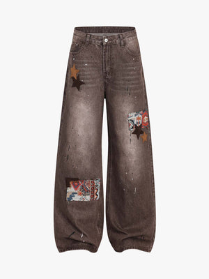 Retro Patchwork Washed Wide Leg Denim Jeans