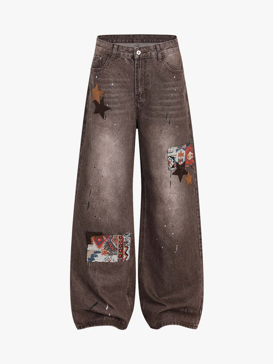 Retro Patchwork Washed Wide Leg Denim Jeans