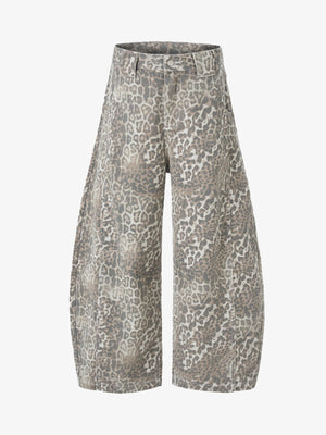 Retro Light Leopard Print Barrel Jeans 