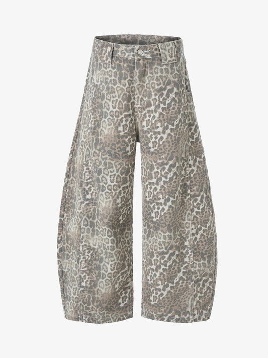 Retro Light Leopard Print Barrel Jeans 