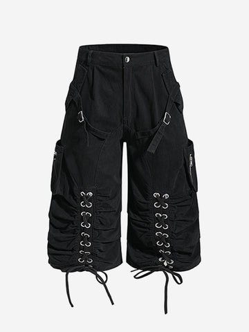 Y2K Lace Up Ruched Wide Leg Cargo Shorts