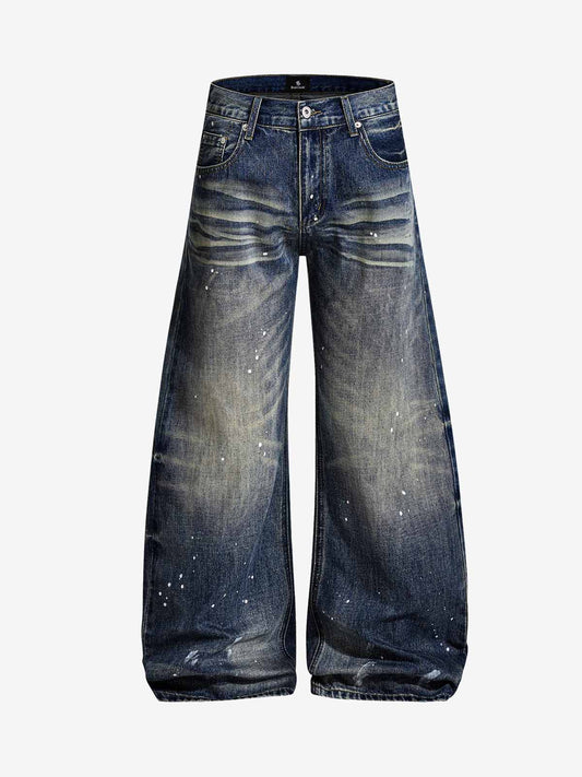 Washed Paint-Splatter Pleated Wide-Leg Barrel Jeans 