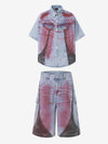 Rusty Wash Camo Patchwork Denim Shirt & Shorts Set