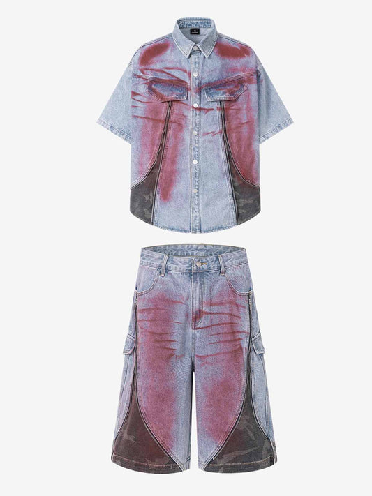 Rusty Wash Camo Patchwork Denim Shirt & Shorts Set