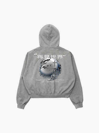 "Goodbye World" Earth Print Studded Hoodie