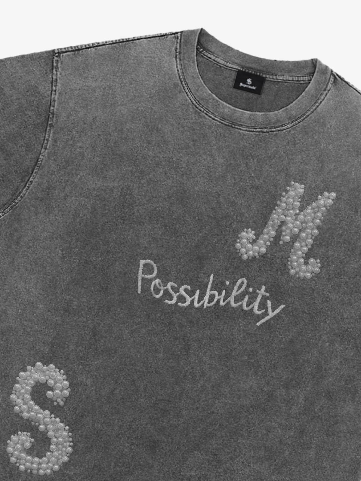Vintage Washed Pearl Letter Graphic T-Shirt 