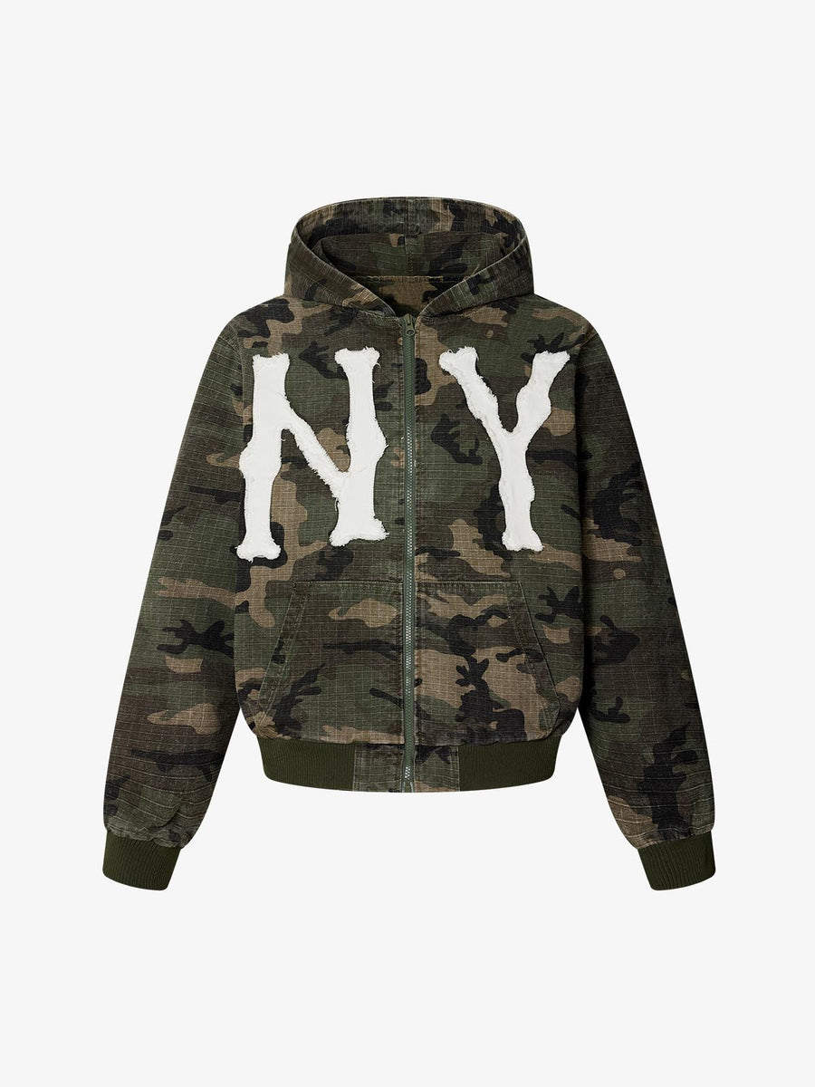 Camo Applique Boxy Fit Hooded Jacket