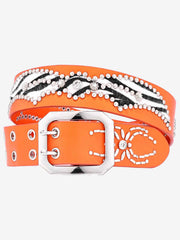 Retro Studded Zebra Pattern Wide Leather Belt 