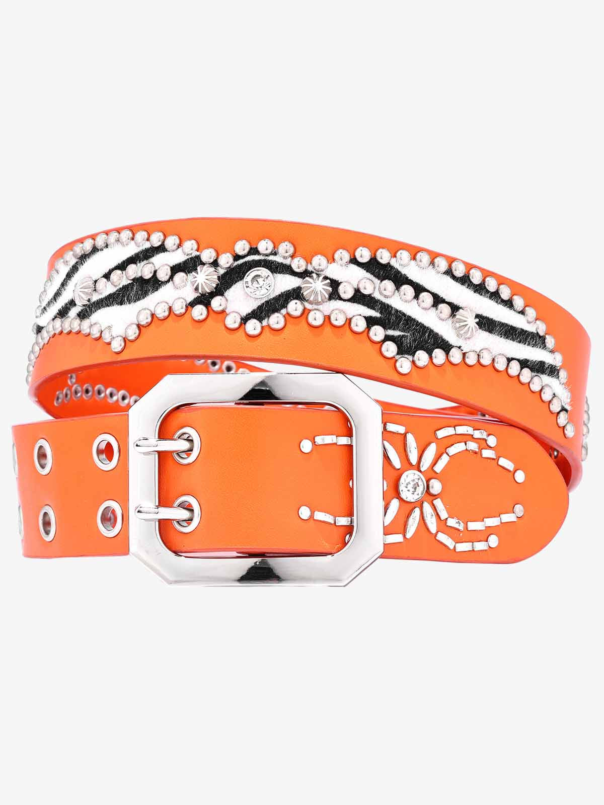 Stylish Zebra Print Studded Belt with Sparkling Crystal Accents 