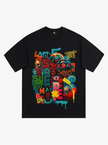 Trendy Multicolor Graffiti Skull Graphic T-Shirt 