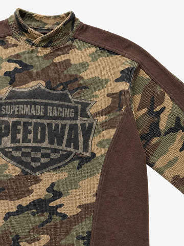Racing Graphic Waffle-Panel Washed Stand-Collar Long Sleeve Tee