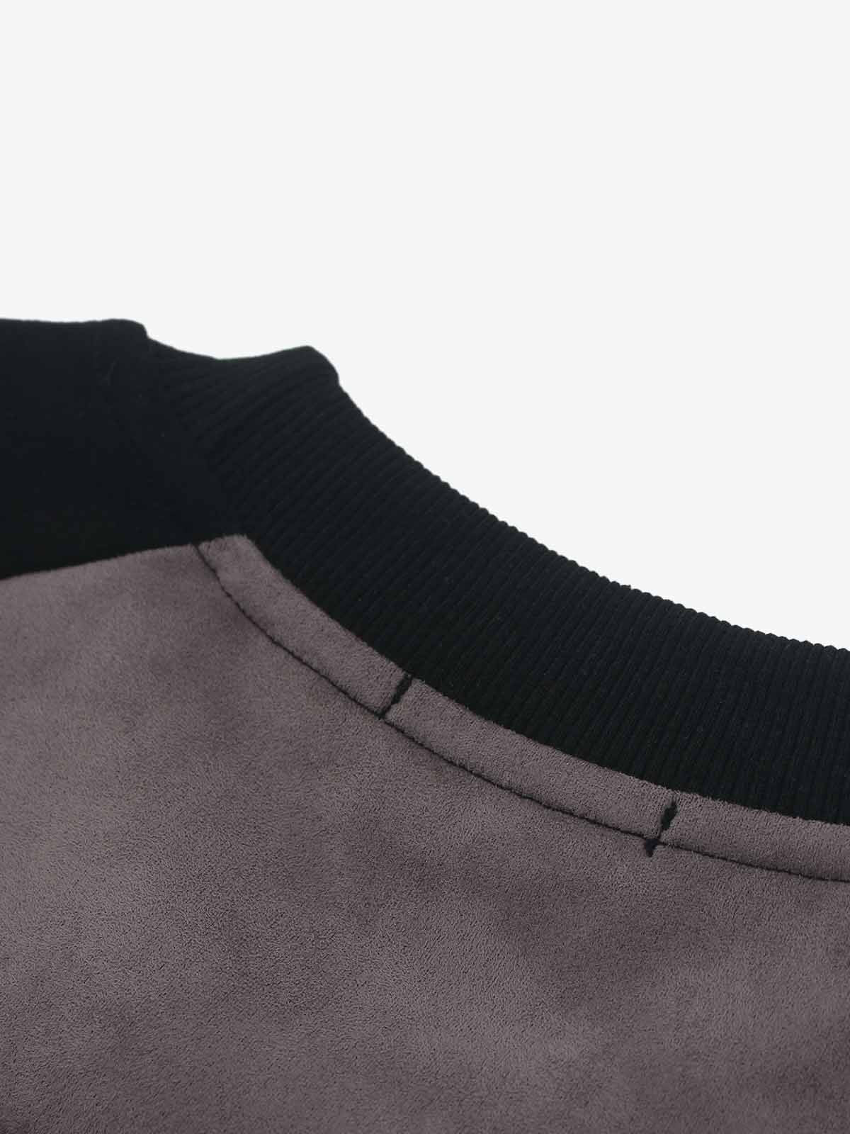 Letter Embroidered Faux Suede Long Sleeve Top