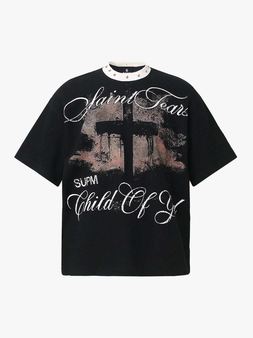 Gothic Cross Print Studded Collar Waffle Knit Graphic T-Shirt 