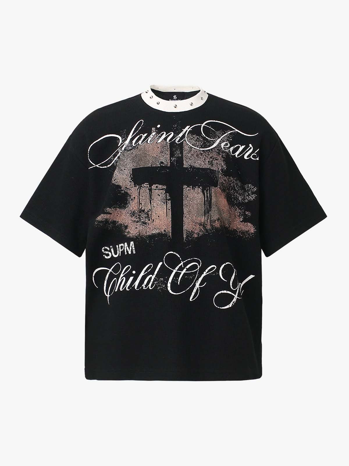 Gothic Cross Print Studded Collar Waffle Knit Graphic T-Shirt 