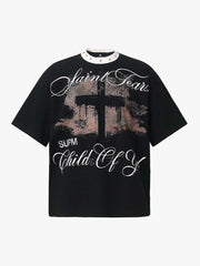 Gothic Cross Print Studded Collar Waffle Knit Graphic T-Shirt 