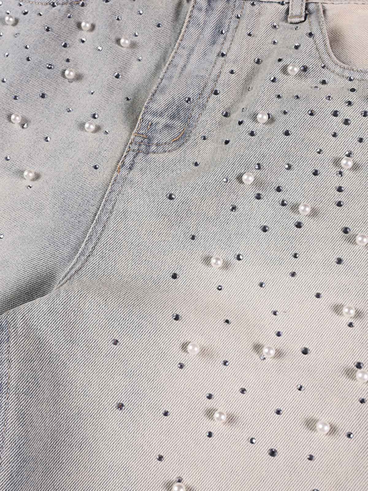 Pearl Embellished Light Wash Denim Shorts 