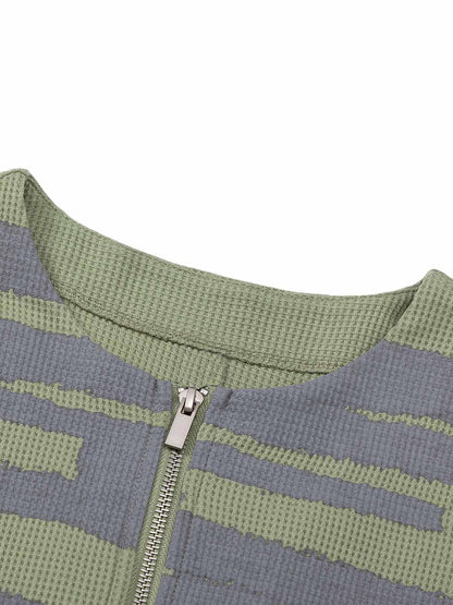 Half Zip Crew Neck Printed Knitted Sweater 