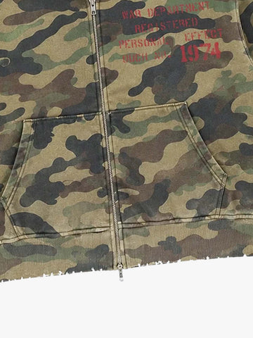 Camo Letter Graphic Distressed Zip-Up Hoodie