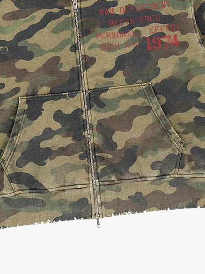 Camo Letter Graphic Distressed Zip-Up Hoodie