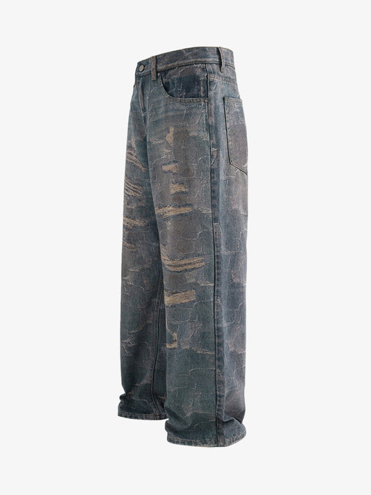 Washed Ripple 3D Print Loose Wide-Leg Jeans 