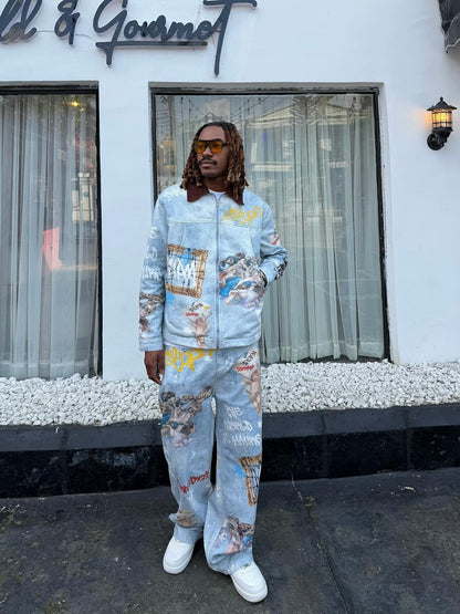 Artistic Patches Graphic  Distressed Denim Jacket - 2573