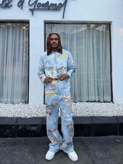 Artistic Patches Graphic  Distressed Denim Jacket - 2573