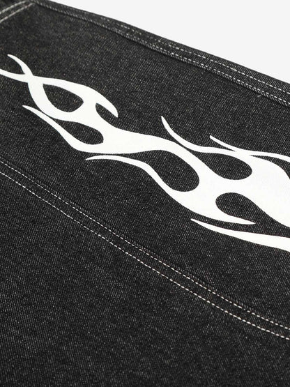 Contrast Stitching Flame Denim Shorts 
