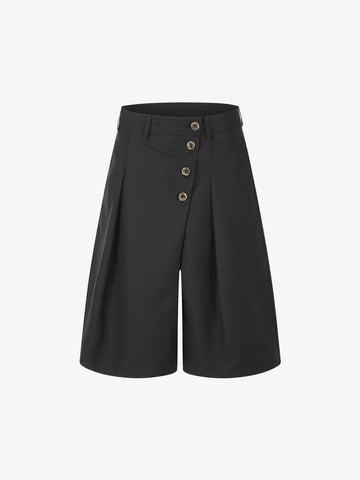 Multi-Button Diagonal-Placket Tailored Shorts