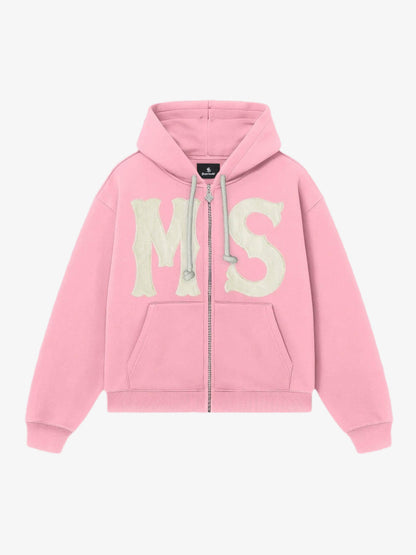 Letter Flocked Hooded Cardigan Sweatshirt