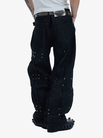 Studded Pleat Wide Leg Denim Jeans