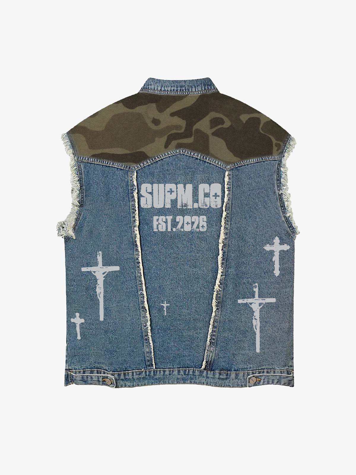 thesupermade-Denim Sleeveless Vest with Camouflage Patchwork and  Ripped Details ，cross pattern printing technology 