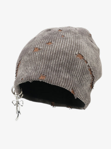 Retro Wasteland Style Distressed Knit Hanging Charm Beanie 