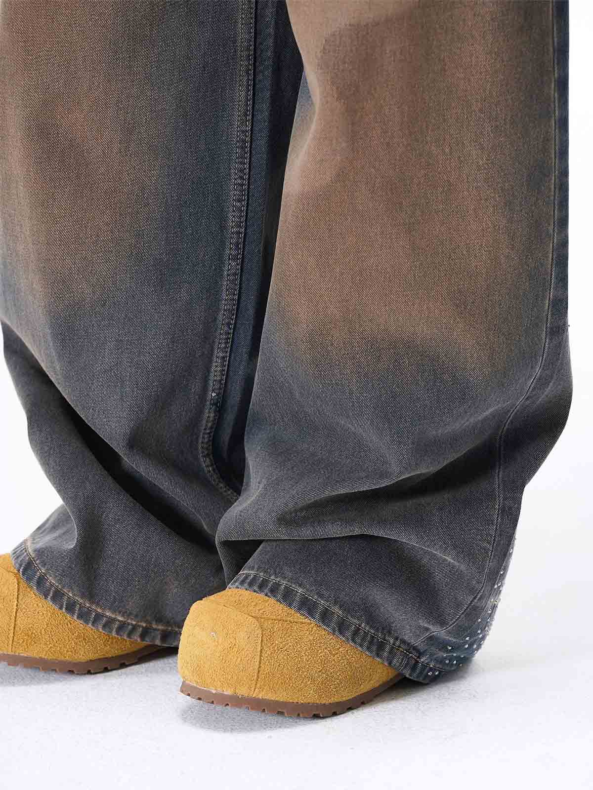 Gradient Wash Wide-Leg Jeans with Rhinestone Accents 