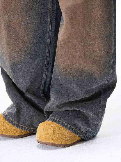 Gradient Wash Wide-Leg Jeans with Rhinestone Accents 