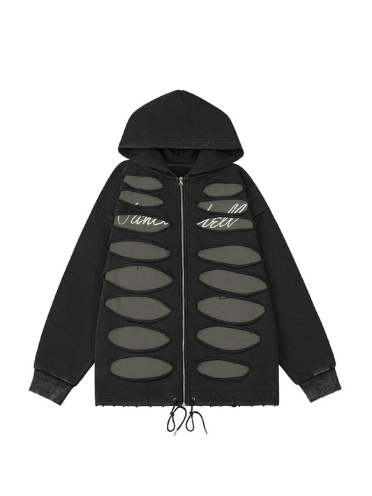 Thesupermade Ripped Drawstring Hooded Zip Up Sweatshirt 