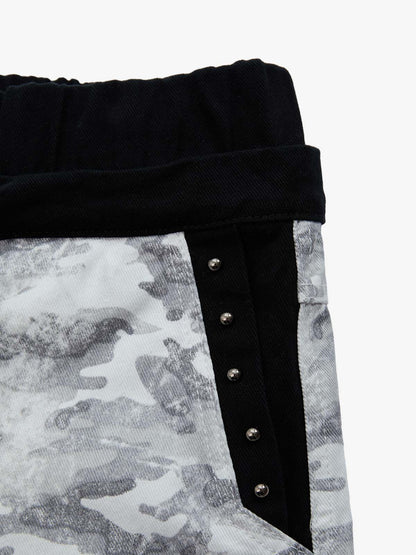 Cotton Blend Camouflage Wide Leg Pants with Drawstring Waist and Flag Patch 